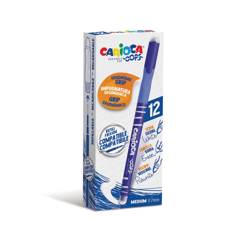 carioca أقلام كاريكا أوبس زرقاء | مجموعة أقلام قابلة للتعبئة وقابلة للمسح للمدرسة والمكتب مع غطاء، ممحاة مزدوجة ومقبض مريح، أقلام زرقاء، 12 قطعة - Image 1